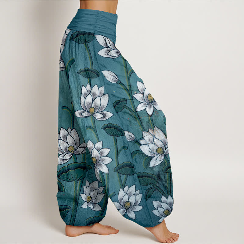 Nimara Ritual Pure Cotton Lotus Bloom Pattern Women's Elastic Waist Harem Pants