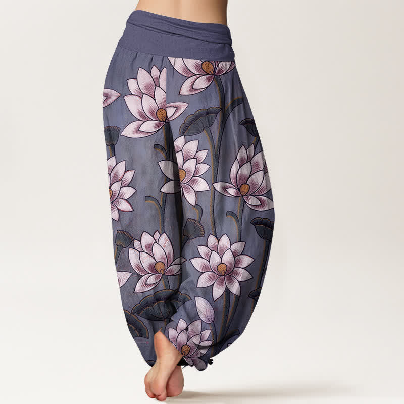 Nimara Ritual Pure Cotton Lotus Bloom Pattern Women's Elastic Waist Harem Pants