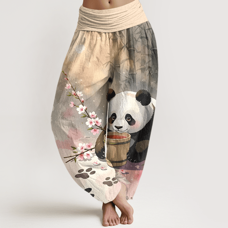 Nimara Ritual Pure Cotton Panda Bamboo Blossom Pattern Women's Elastic Waist Harem Pants