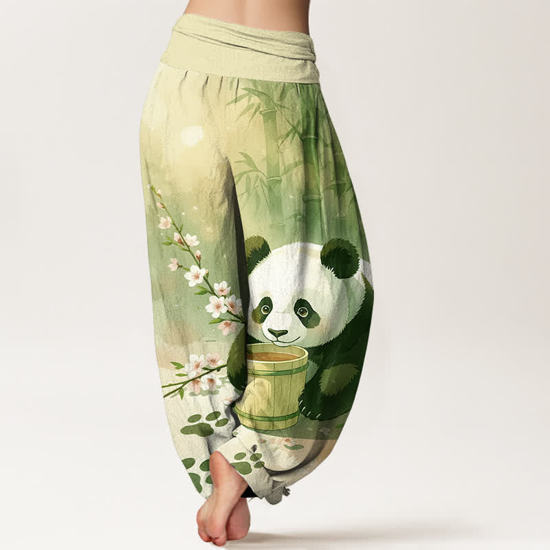 Nimara Ritual Pure Cotton Panda Bamboo Blossom Pattern Women's Elastic Waist Harem Pants