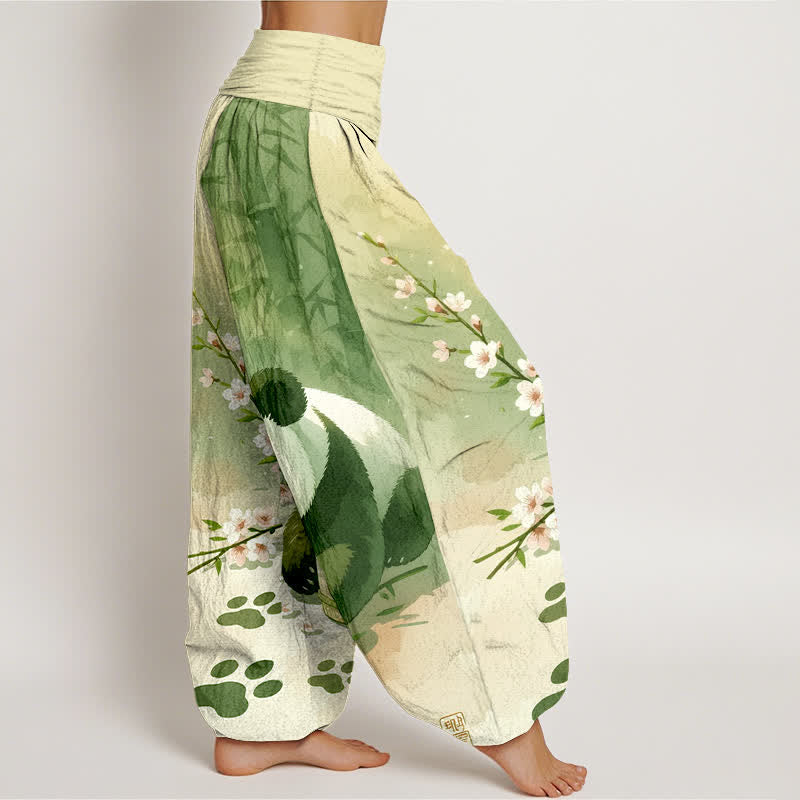 Nimara Ritual Pure Cotton Panda Bamboo Blossom Pattern Women's Elastic Waist Harem Pants