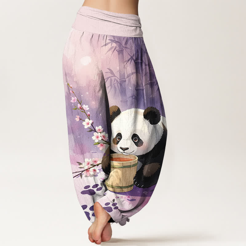 Nimara Ritual Pure Cotton Panda Bamboo Blossom Pattern Women's Elastic Waist Harem Pants