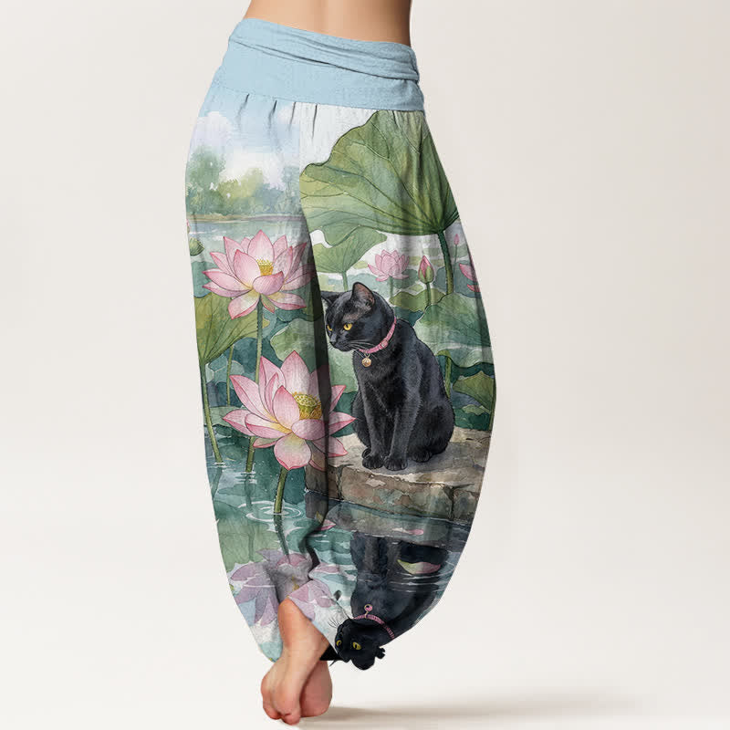 Nimara Ritual Pure Cotton Lotus Black Cat Pattern Women's Elastic Waist Harem Pants