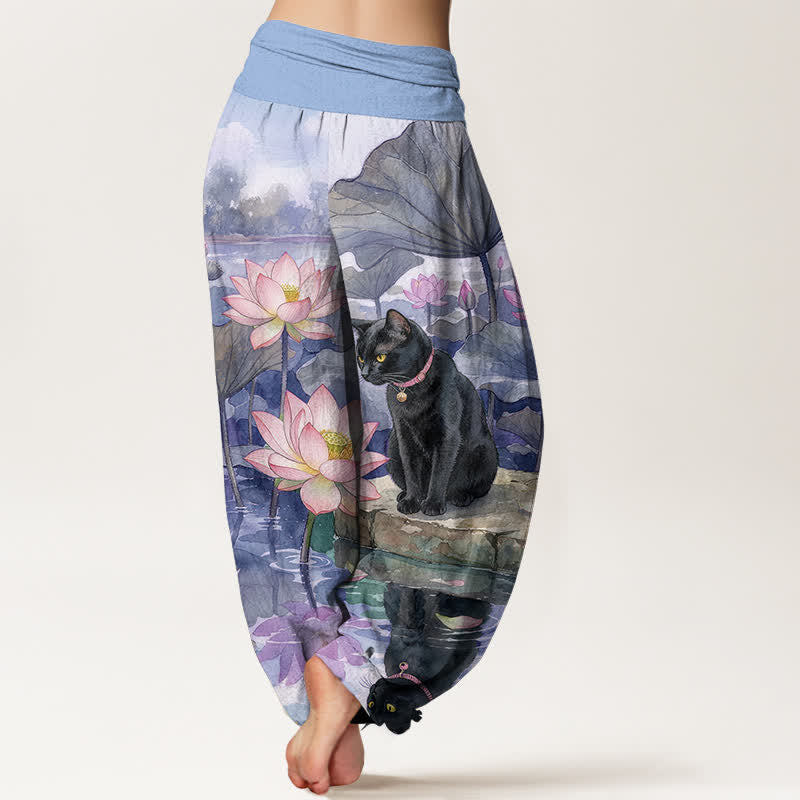 Nimara Ritual Pure Cotton Lotus Black Cat Pattern Women's Elastic Waist Harem Pants