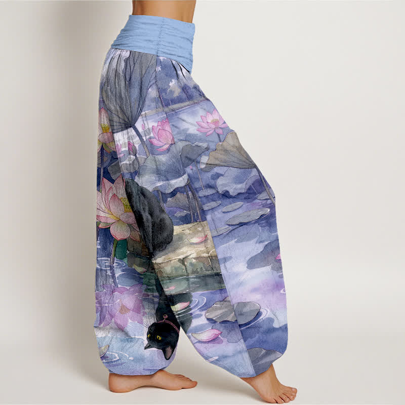 Nimara Ritual Pure Cotton Lotus Black Cat Pattern Women's Elastic Waist Harem Pants