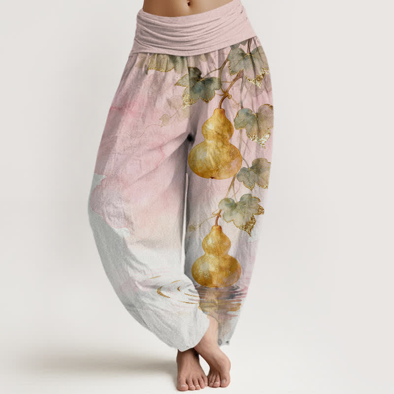 Nimara Ritual Cotton Golden Gourd Leaf Pattern Women's Elastic Waist Harem Pants