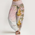 Nimara Ritual Cotton Golden Gourd Leaf Pattern Women's Elastic Waist Harem Pants