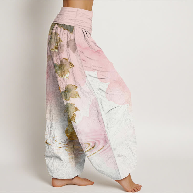 Nimara Ritual Cotton Golden Gourd Leaf Pattern Women's Elastic Waist Harem Pants