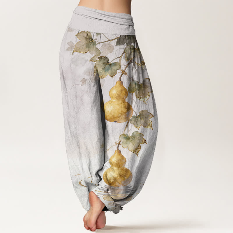 Nimara Ritual Cotton Golden Gourd Leaf Pattern Women's Elastic Waist Harem Pants