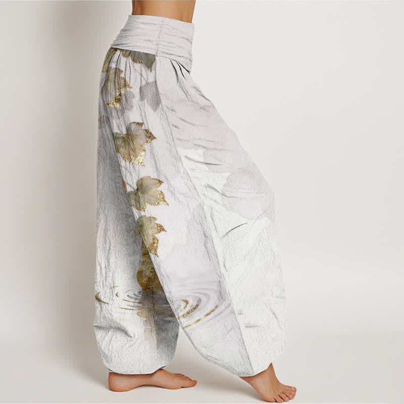 Nimara Ritual Cotton Golden Gourd Leaf Pattern Women's Elastic Waist Harem Pants