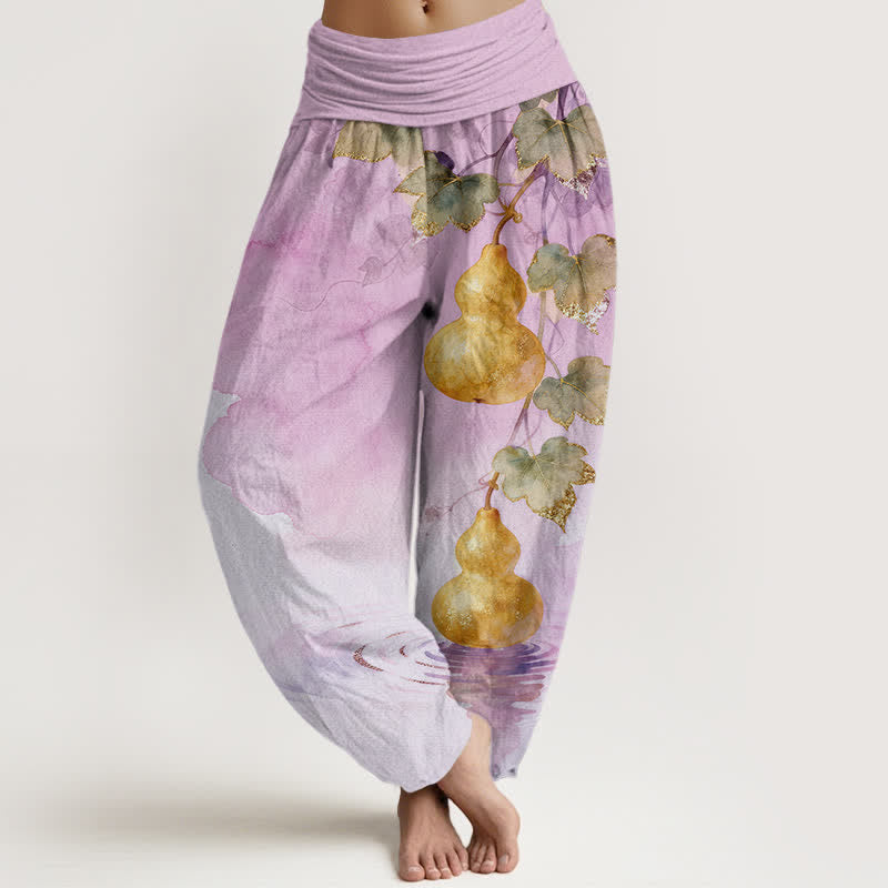 Nimara Ritual Cotton Golden Gourd Leaf Pattern Women's Elastic Waist Harem Pants