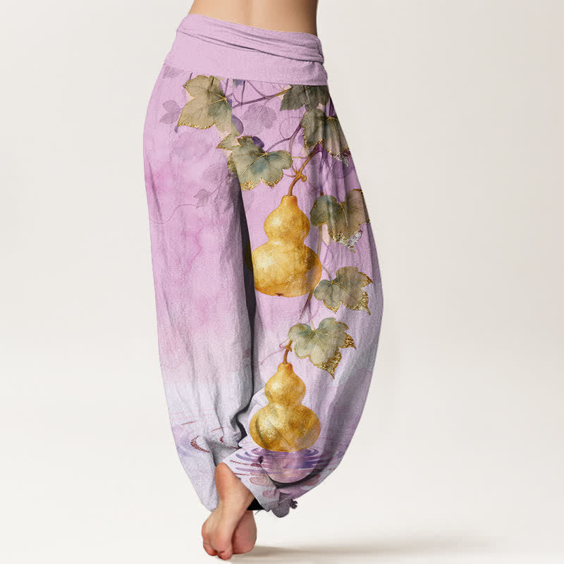 Nimara Ritual Cotton Golden Gourd Leaf Pattern Women's Elastic Waist Harem Pants