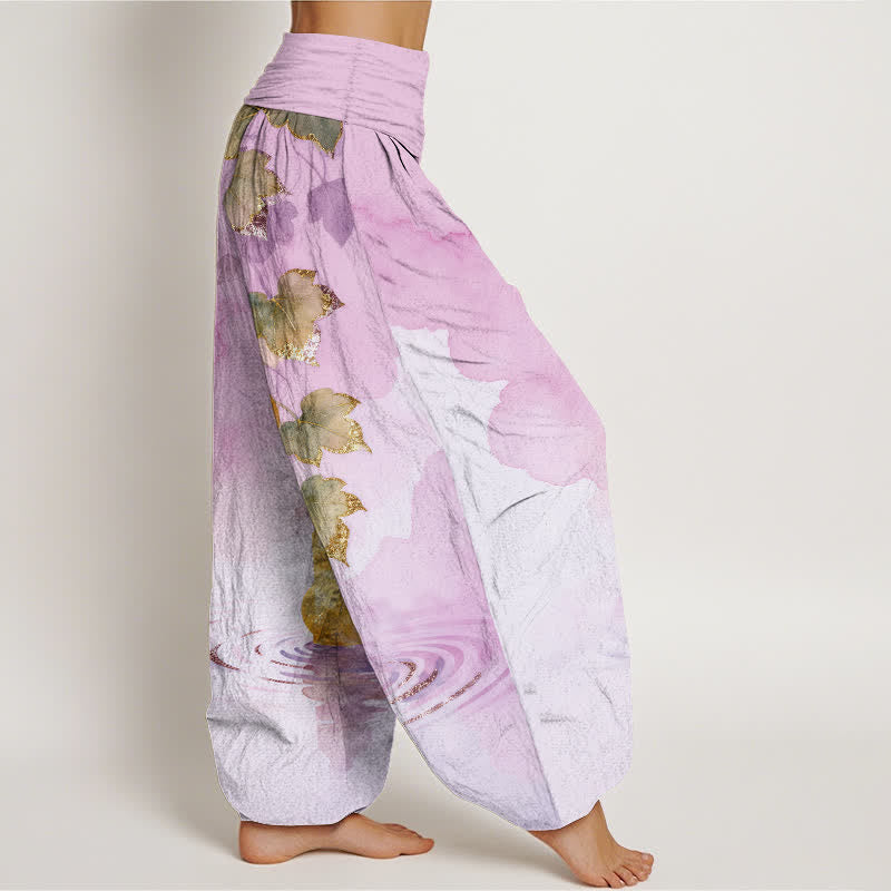Nimara Ritual Cotton Golden Gourd Leaf Pattern Women's Elastic Waist Harem Pants