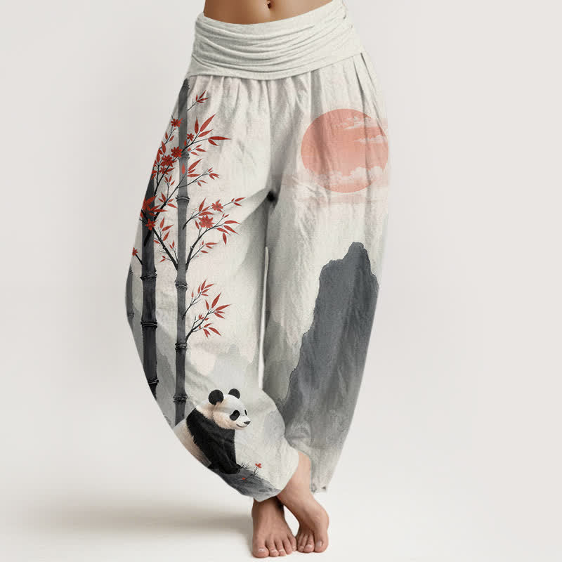 Nimara Ritual Cotton Ink Bamboo Panda Pattern Women's Elastic Waist Harem Pants