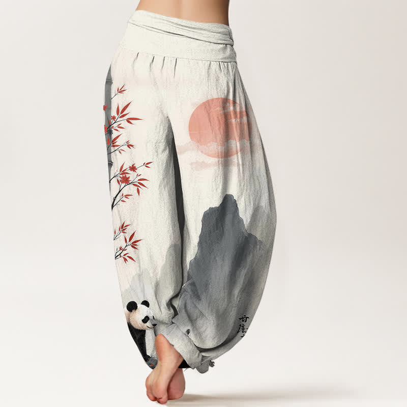 Nimara Ritual Cotton Ink Bamboo Panda Pattern Women's Elastic Waist Harem Pants