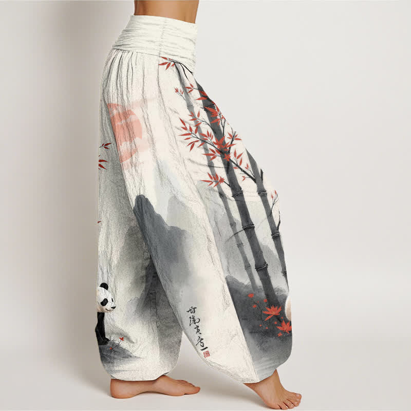 Nimara Ritual Cotton Ink Bamboo Panda Pattern Women's Elastic Waist Harem Pants