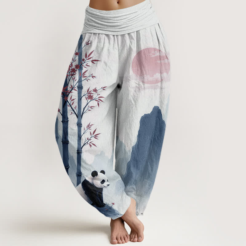 Nimara Ritual Cotton Ink Bamboo Panda Pattern Women's Elastic Waist Harem Pants