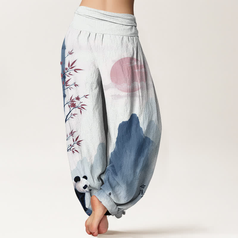 Nimara Ritual Cotton Ink Bamboo Panda Pattern Women's Elastic Waist Harem Pants