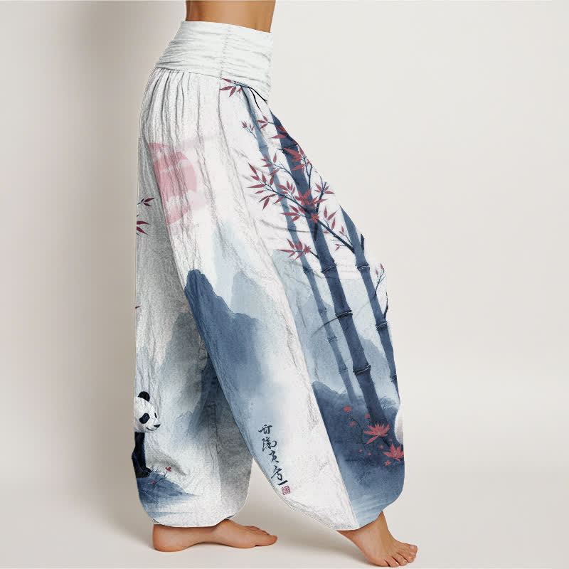 Nimara Ritual Cotton Ink Bamboo Panda Pattern Women's Elastic Waist Harem Pants