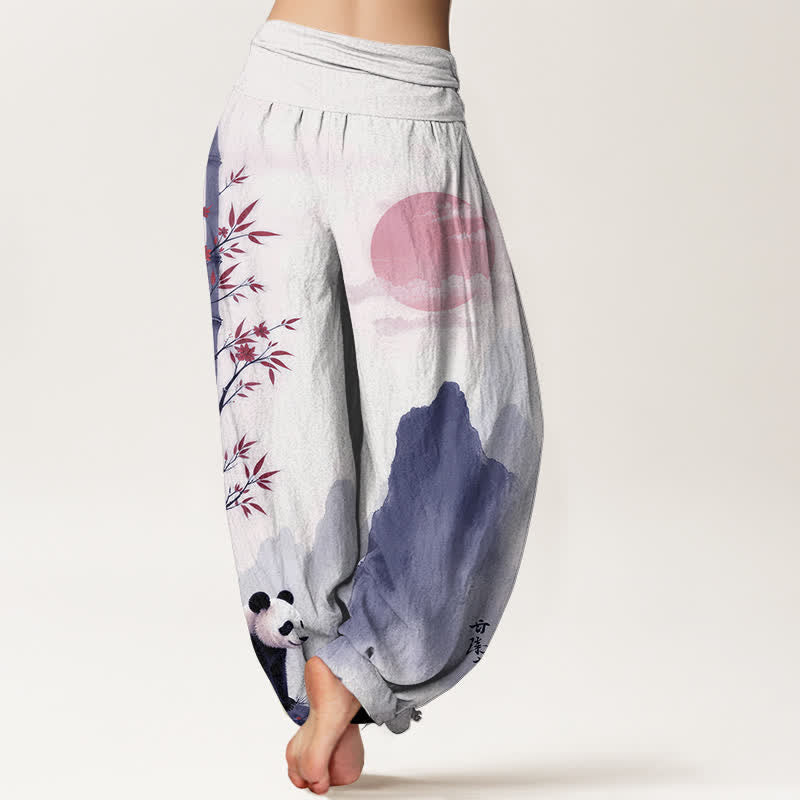 Nimara Ritual Cotton Ink Bamboo Panda Pattern Women's Elastic Waist Harem Pants
