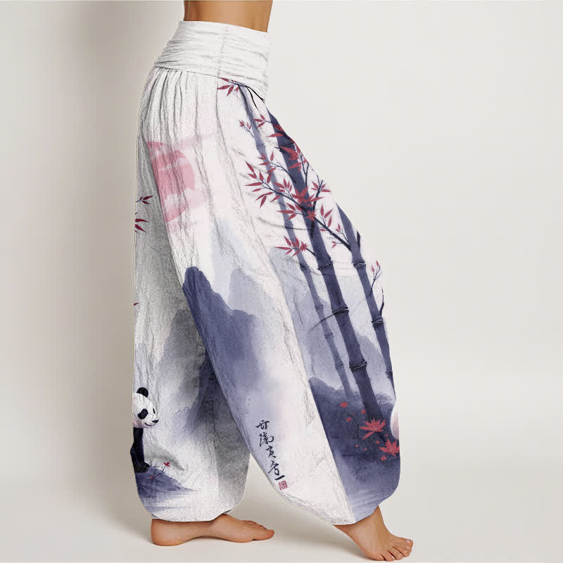 Nimara Ritual Cotton Ink Bamboo Panda Pattern Women's Elastic Waist Harem Pants