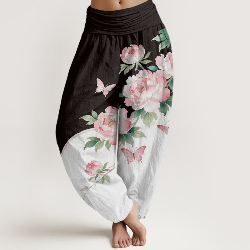 Nimara Ritual Pure Cotton Floral Butterfly Pattern Women's Elastic Waist Harem Pants