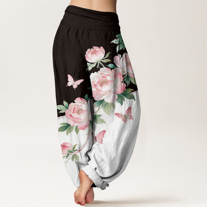 Nimara Ritual Pure Cotton Floral Butterfly Pattern Women's Elastic Waist Harem Pants