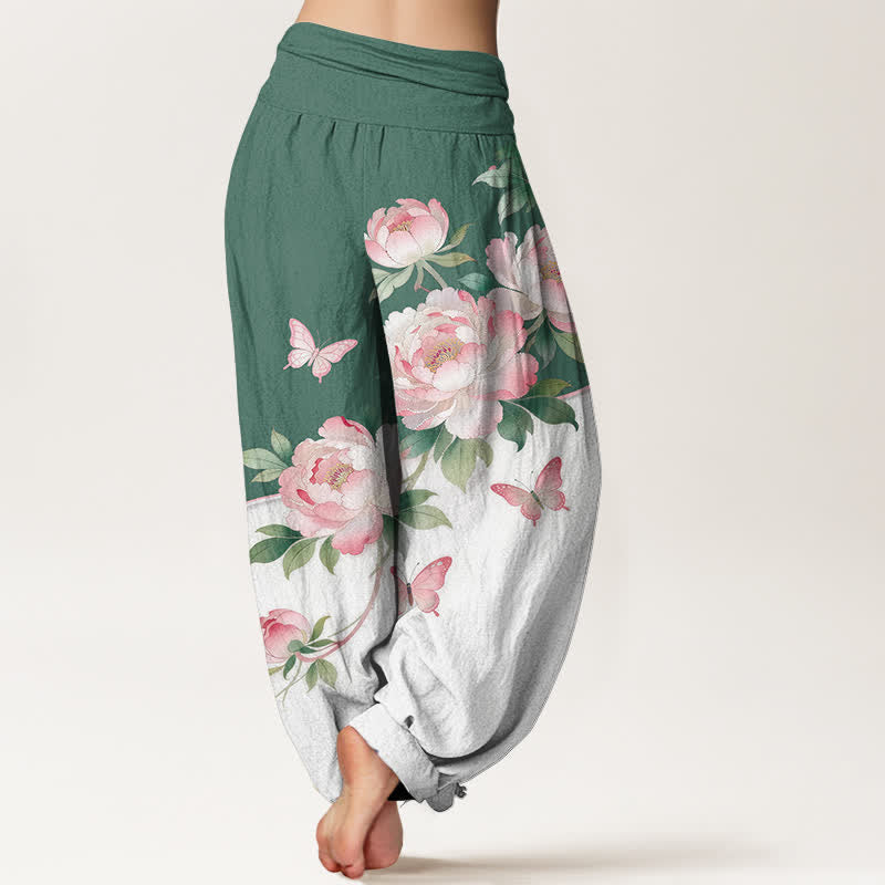 Nimara Ritual Pure Cotton Floral Butterfly Pattern Women's Elastic Waist Harem Pants