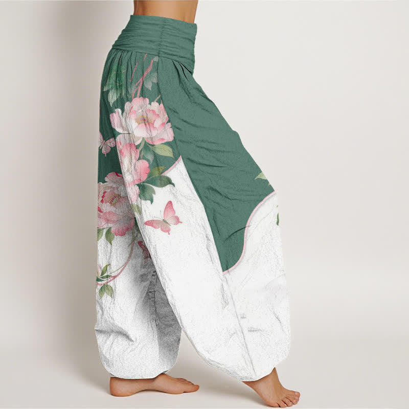 Nimara Ritual Pure Cotton Floral Butterfly Pattern Women's Elastic Waist Harem Pants