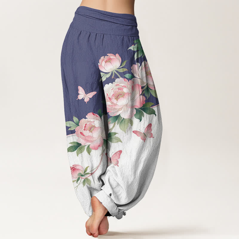 Nimara Ritual Pure Cotton Floral Butterfly Pattern Women's Elastic Waist Harem Pants