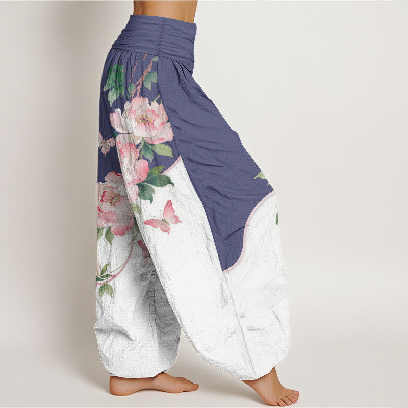 Nimara Ritual Pure Cotton Floral Butterfly Pattern Women's Elastic Waist Harem Pants