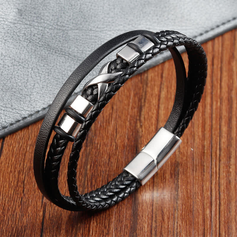 Nimara Ritual Black Leather Titanium Steel Braided Strength Mens Bracelet