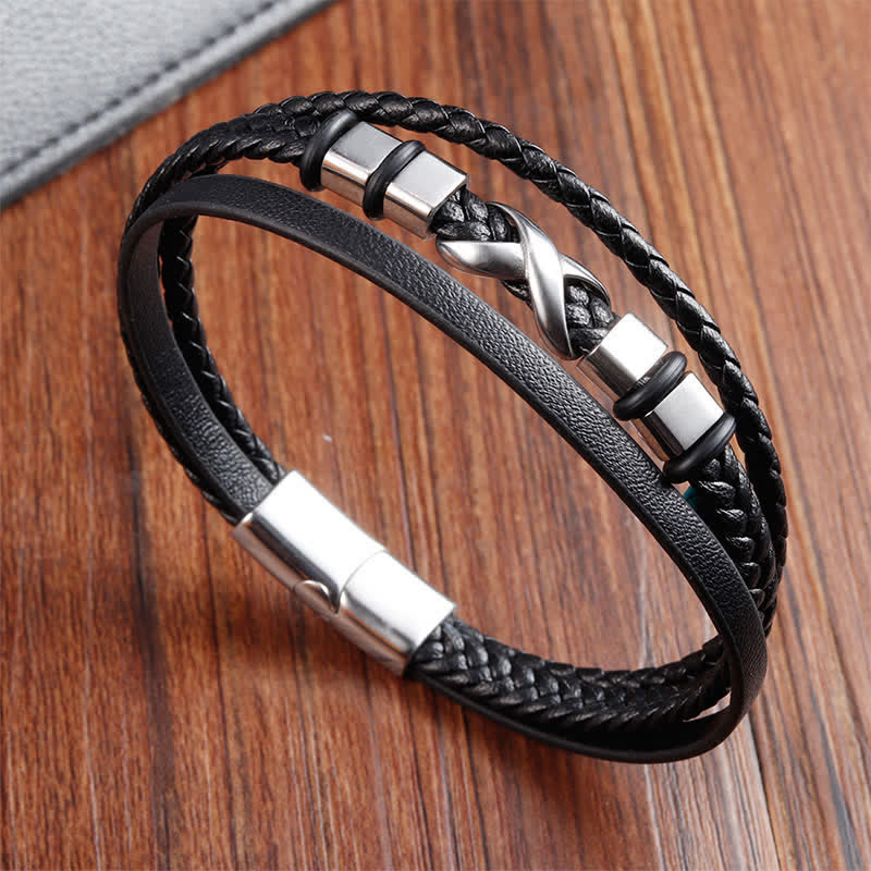 Nimara Ritual Black Leather Titanium Steel Braided Strength Mens Bracelet