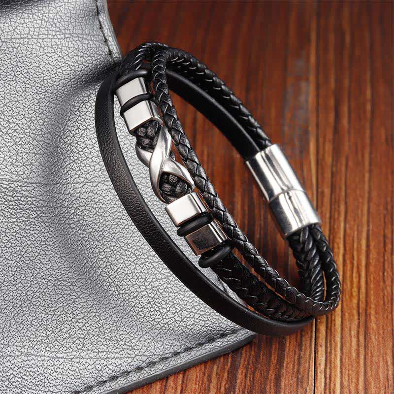 Nimara Ritual Black Leather Titanium Steel Braided Strength Mens Bracelet