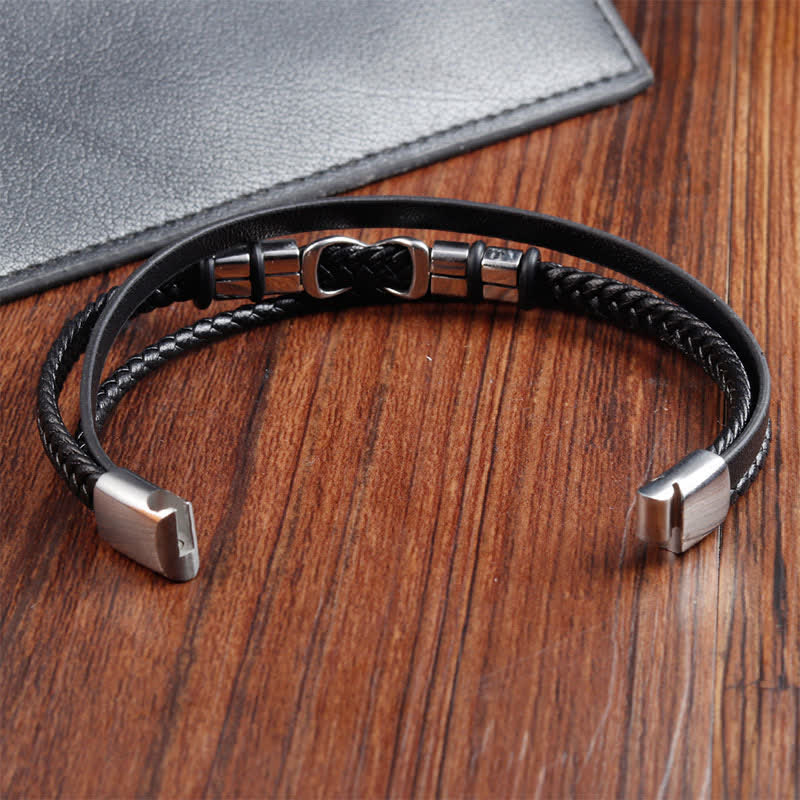 Nimara Ritual Black Leather Titanium Steel Braided Strength Mens Bracelet