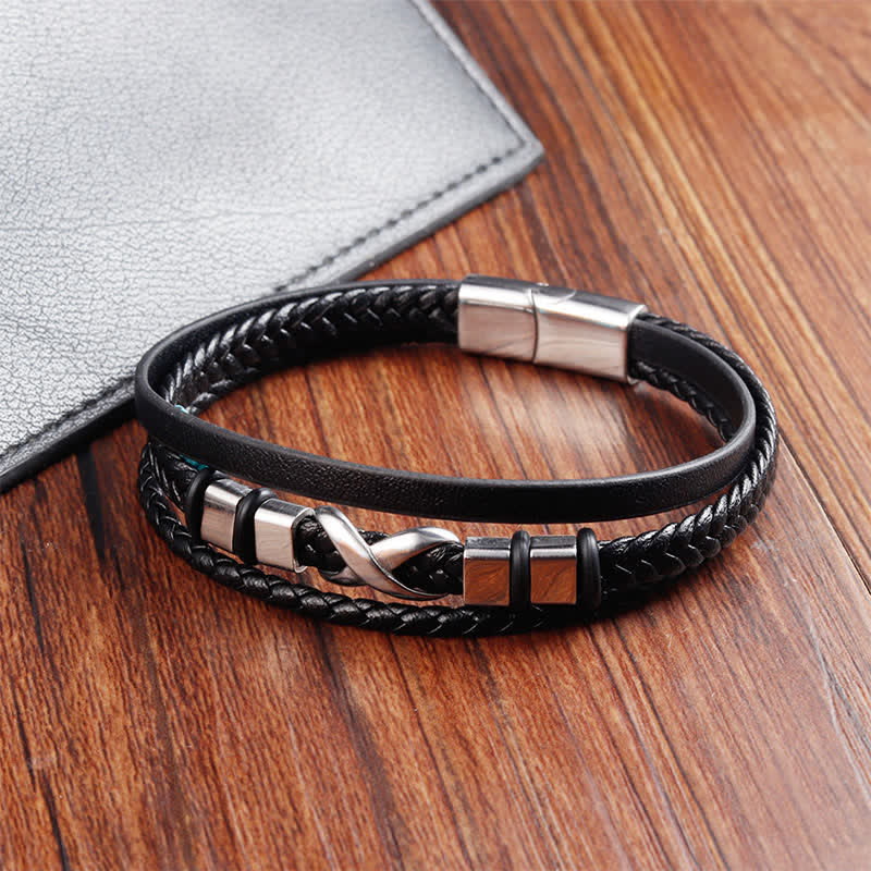 Nimara Ritual Black Leather Titanium Steel Braided Strength Mens Bracelet