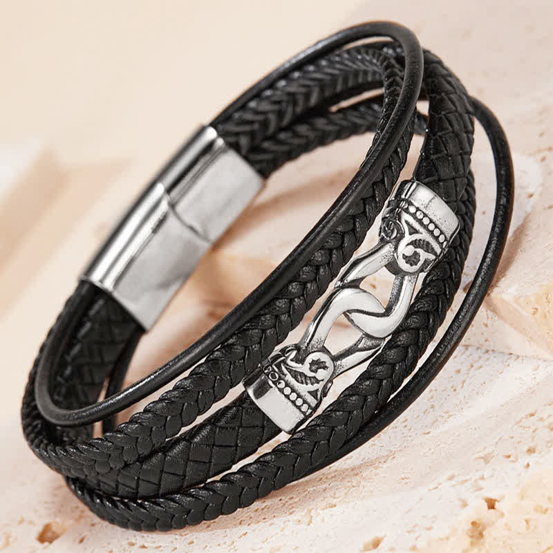 Nimara Ritual Black Leather Braided Titanium Steel Durability Double Wrap Bracelet
