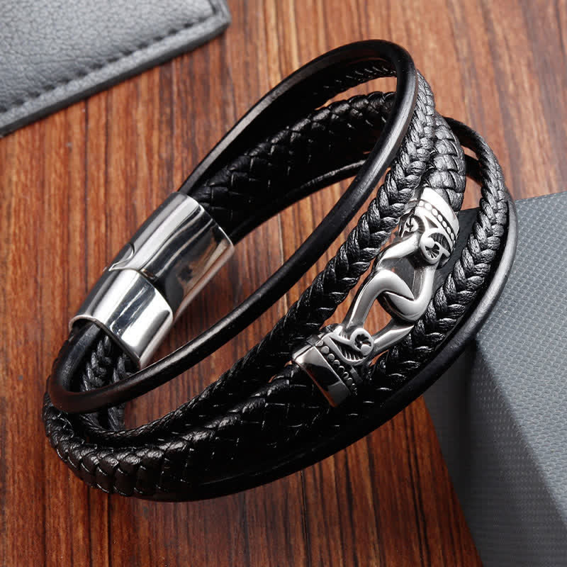 Nimara Ritual Black Leather Braided Titanium Steel Durability Double Wrap Bracelet