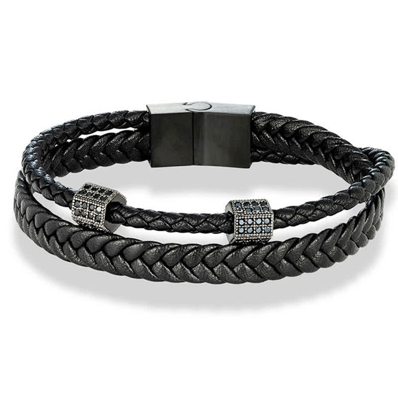 Nimara Ritual Black Leather Hand-Woven Braided Titanium Steel Strength Multi-Wrap Bracelet