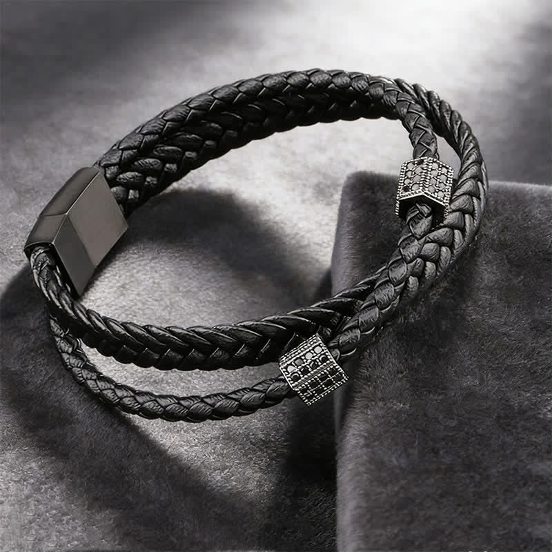 Nimara Ritual Black Leather Hand-Woven Braided Titanium Steel Strength Multi-Wrap Bracelet
