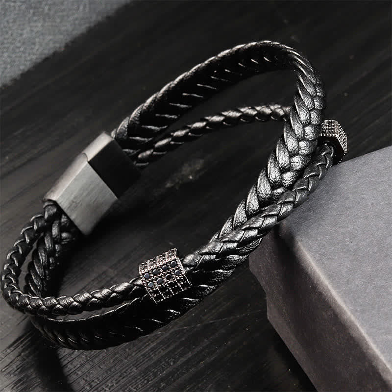 Nimara Ritual Black Leather Hand-Woven Braided Titanium Steel Strength Multi-Wrap Bracelet