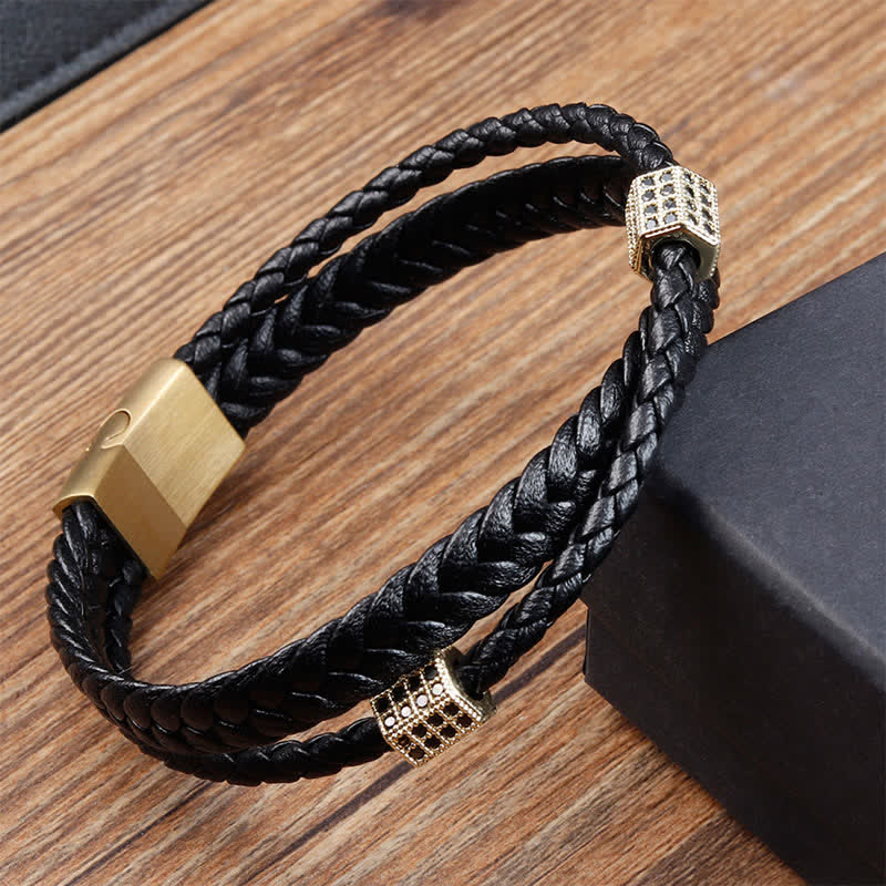 Nimara Ritual Black Leather Hand-Woven Braided Titanium Steel Strength Multi-Wrap Bracelet