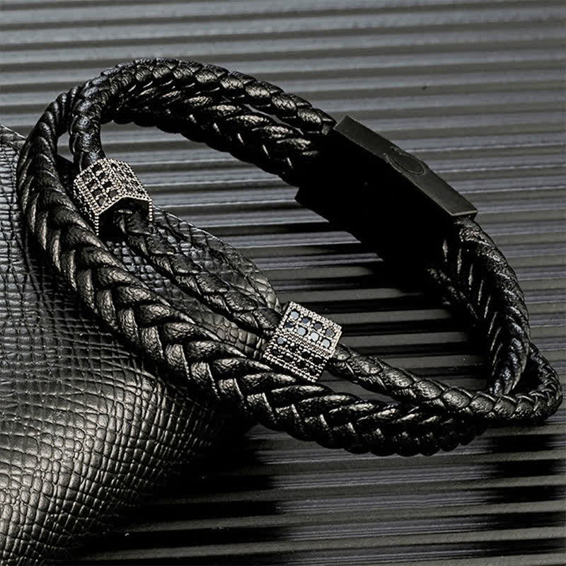 Nimara Ritual Black Leather Hand-Woven Braided Titanium Steel Strength Multi-Wrap Bracelet