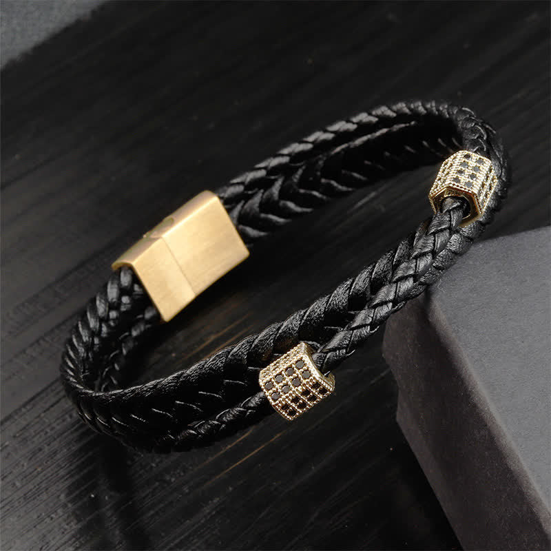 Nimara Ritual Black Leather Hand-Woven Braided Titanium Steel Strength Multi-Wrap Bracelet