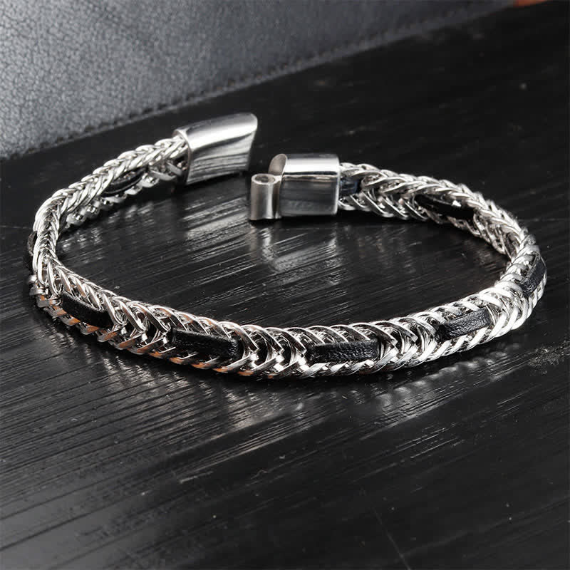 Nimara Ritual Black Leather Braided Titanium Steel Double Layer Durability Bracelet