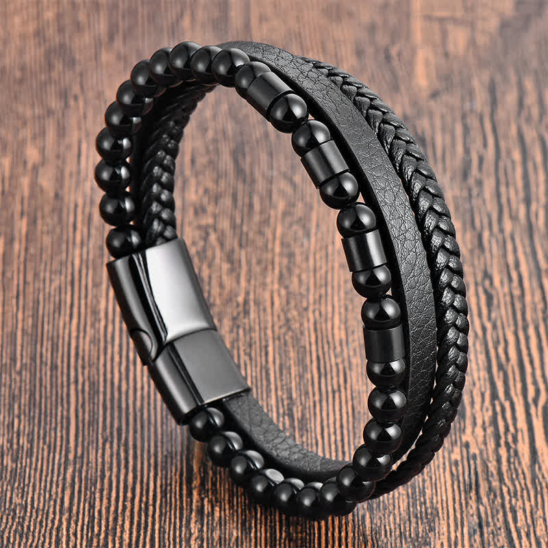 Nimara Ritual Black Leather Strength Braided Double Layer Bracelet