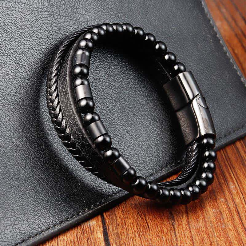 Nimara Ritual Black Leather Strength Braided Double Layer Bracelet