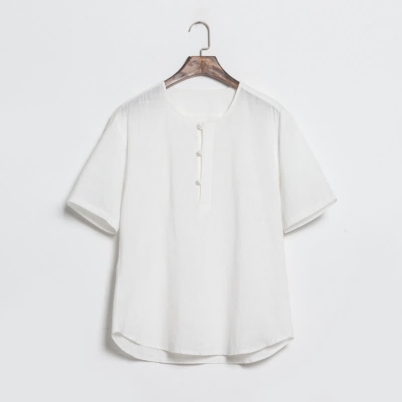 Nimara Ritual Summer Casual Tang Style Frog Button Solid Men's Short Sleeve Shirts