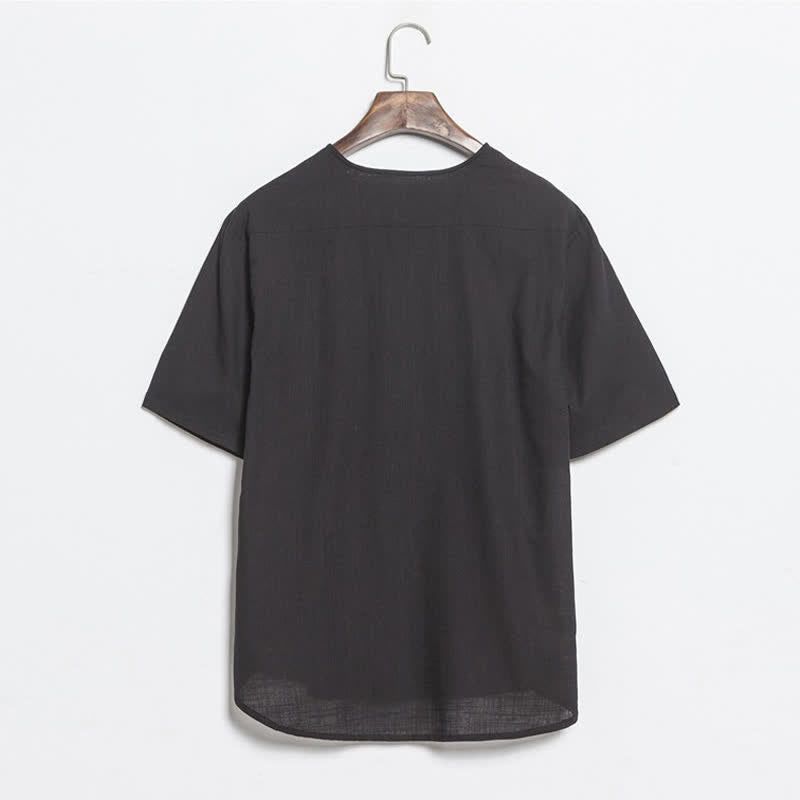 Nimara Ritual Summer Casual Tang Style Frog Button Solid Men's Short Sleeve Shirts