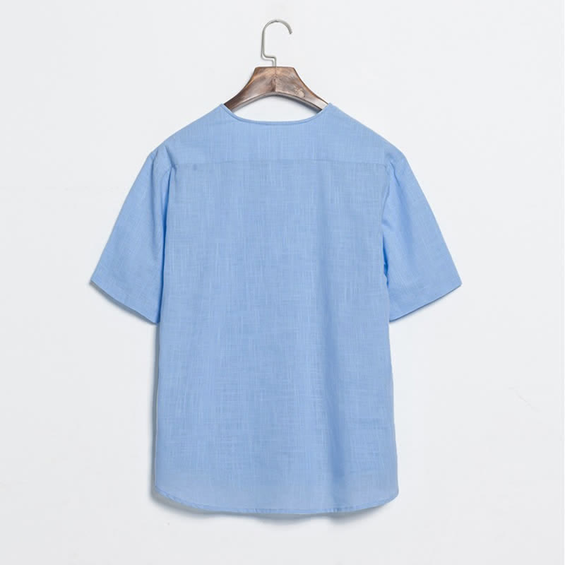 Nimara Ritual Summer Casual Tang Style Frog Button Solid Men's Short Sleeve Shirts